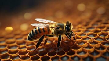miel abeja en colmena células con Copiar espacio ai generado foto