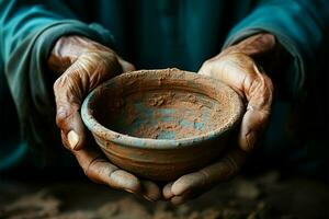 Hands hold empty bowl, portraying the harshness of hunger and economic hardship AI Generated photo