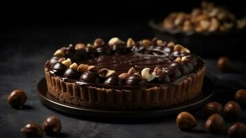 Ester cake with chocolate topping and nuts on gray background AI Generated photo