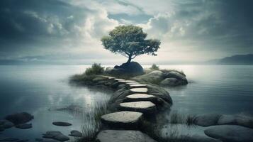 Surrealistic landscape with stone path to the island, zen concept, meditative AI Generated photo