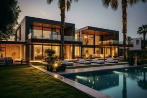 Modern luxury villa glass exterior. Generate Ai photo