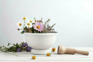 Mortar pestle flowers organic. Generate Ai photo