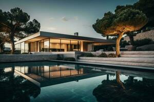 Modern luxury villa exterior night. Generate Ai photo
