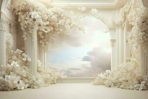 White florals vines clouds columns. Generate AI photo