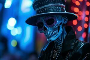 Neon carnival skeleton. Generate Ai photo