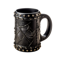 a black mug with studded handles and a skull on it - AI Generated - Generative AI png