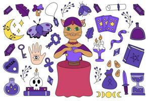 Magic and esoteric set. Cat fortune teller. Magic ball, Ank, moth, card tarot, snake, candle, skull, potion bottles, Ouija, runes, crystals, hourglass vector