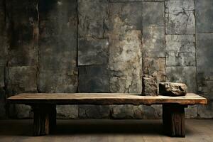 Deserted wooden plank, contrasts against grunge concrete wall background, artful composition AI Generated photo