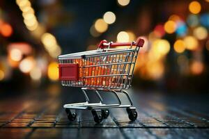 Cart in context Supermarket shopping cart amidst blurred store bokeh atmosphere AI Generated photo