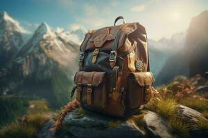 montaña mochila viaje. generar ai foto