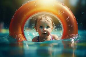 Child pool swims. Generate AI photo