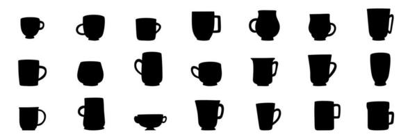 Set of cups silhouette. Hand drawn silhouette of mugs. Large collection of cup or mug silhouette. Vector illustration