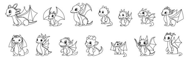 Set of doodle little dragons. Hand drawn collection of cute baby dragons. Vector illustration.