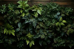 Foliage thrives behind wooden backdrop, a living tapestry of lush beauty AI Generated photo