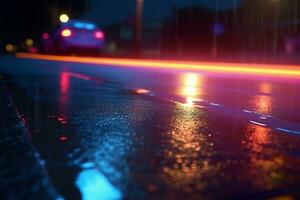 Neon-lit streets, searchlight beams, and smoky abstract ambiance on wet asphalt. AI Generated photo