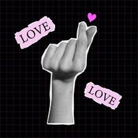 Vector korean heart hand. Illustration of college halftone hand with heart. Trendy retro halftone effect.