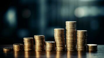 Coin stacks sitting on blue financial graph background AI Generated photo