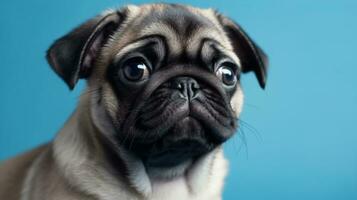 Adorable pug dog posing on blue background for mockup. AI Generated photo