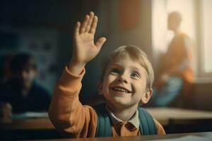 niño levanta mano respuesta. generar ai foto