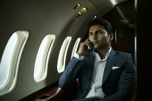 Businessman private rich jet. Generate Ai photo