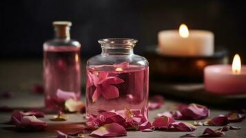 Concept of pure organic essential rose oil. Elixir with plant based floral Pink flowers with candle AI Generated photo