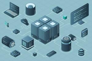 Computer technology isometric illustration. Computation of big data center. Cloud computing. Online devices upload and download information. Modern 3d isometric vector illustration