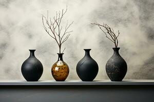 Charcoal vases on marble, vividly juxtaposed with white wall surroundings AI Generated photo