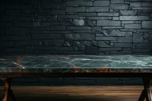 Empty black marble countertop table against contrasting black wall backdrop AI Generated photo