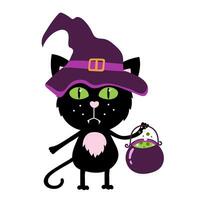 Happy Halloween sticker with Cute black cat in a witch's hat and with a cauldron. vector