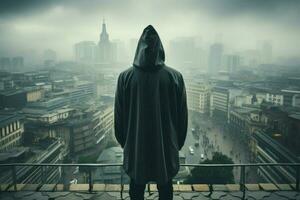 Man in hood stands aloof on rooftop, face concealed, blank space emphasizing anonymity AI Generated photo