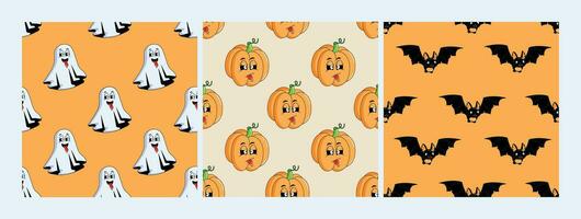 Halloween seamless pattern. Cartoon style characters pumpkin, ghost, bat. Modern vector background.