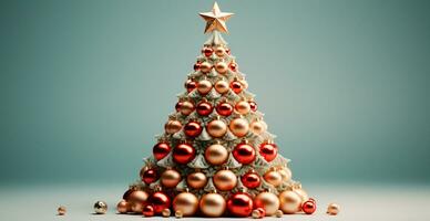 Christmas tree made of Christmas balls, confetti on a light background - AI generated image photo