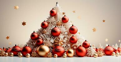 Christmas tree made of Christmas balls, confetti on a light background - AI generated image photo