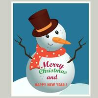 Christmas snowman Merry Christmas greeting card. Merry Christmas card. Winter Holiday Vintage Greeting Card. Vintage Christmas And New Year Decoration Poster. Vector