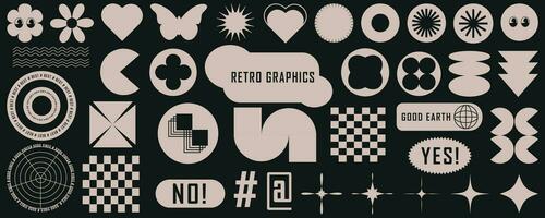 Set of stickers with naive playful abstract shapes in 90s retro style. Vector illustration with geometric elements.