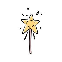 Magic wand in doodle style on a white background. Festive concept. Hand-drawn vector color icon.