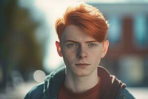 hermoso estudiante con rojo cabello. generar ai foto