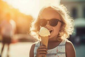 niño comiendo hielo crema. generar ai foto