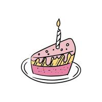 A piece of cake on a plate in doodle style on a white background. Festive concept. Hand drawn vector colored outline icon.