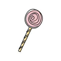 Lollipop on a stick in doodle style on a white background. Festive concept. Hand drawn vector colored outline icon. Pink and yellow color.