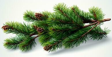 Top view of green fir branch, fir tree with needles isolated on white background - AI generated image photo