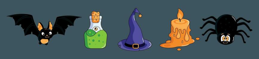 Magic Halloween elements. Cartoon mouse, sorcerers potion, magic candle, spider, sorcerer or witches hat. Modern vector illustration on isolated background.