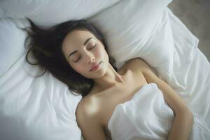 joven mujer dormido en cama. generar ai foto