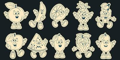 Stickers of fruit characters in retro cartoon style. Monochrome design.Vector illustration from 70s. vector