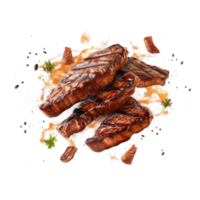 AI Generated Grill Pork Chops steaks, Beef steak realistic 3d brisket flying in the air, grilled meat collection, ultra realistic, icon, detailed, angle view food photo, steak composition png