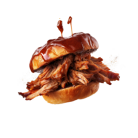 AI Generated Grill Brisket Burger, realistic 3d brisket flying in the air, grilled meat collection, ultra realistic, icon, detailed, angle view food photo, brisket composition png