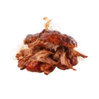 AI Generated Grill Pulled Pork BBQ, realistic 3d brisket flying in the air, grilled meat collection, ultra realistic, icon, detailed, angle view food photo, steak composition png