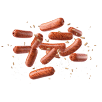 AI Generated Grill sausages, realistic 3d sausage flying in the air, grilled meat collection, ultra realistic, icon, detailed, angle view food photo, sausage composition png