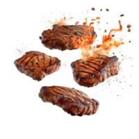 AI Generated Grill Beef, Pork Chops steaks, realistic 3d brisket flying in the air, grilled meat collection, ultra realistic, icon, detailed, angle view food photo, steak composition, AI Generated png