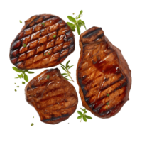 AI Generative Grill Beef Pork Chops steaks, realistic 3d brisket flying in the air, grilled meat collection, ultra realistic, icon, detailed, angle view food photo, steak composition png